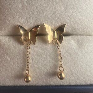 18K Solid Gold Butterfly Dangling Earring